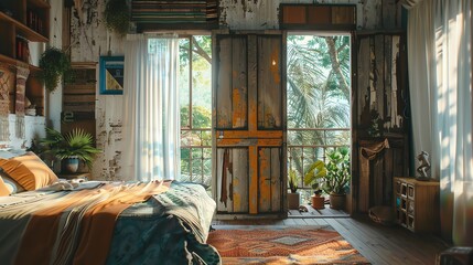 Rustic bedroom with large windows overlooking a lush green garden.