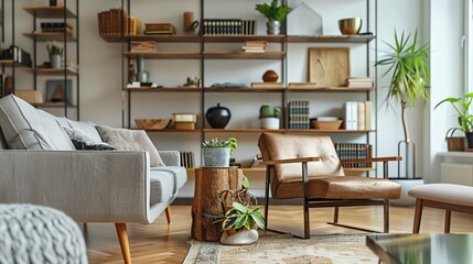 Modern living room interior with leather armchair, sofa, and bookshelves.
