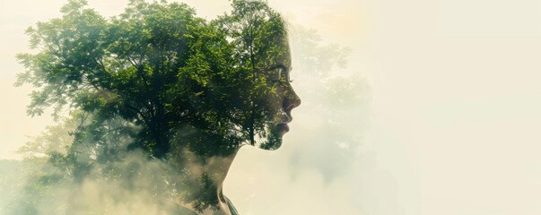 Woman s profile integrated with a serene forest, double exposure, isolated on white, symbolizing inner peace and natural harmony, copy space