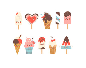 A set of cute ice cream characters. Sweet ice cream with smiling faces - popsicles, ice cream cone, stick ice cream. Bright vector collection.