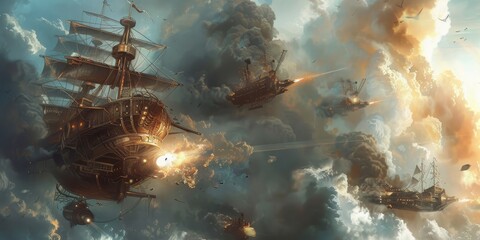 A steampunk-inspired airship battle amidst stormy clouds generated by AI