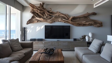 Modern living room interior with a large driftwood sculpture on the wall.