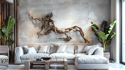 Modern living room with rustic wood decor and large wall sculpture.