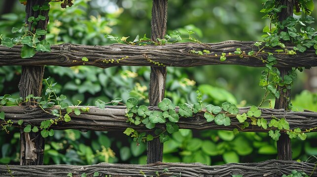 Close-up of a rustic wooden fence with green vines growing on it.