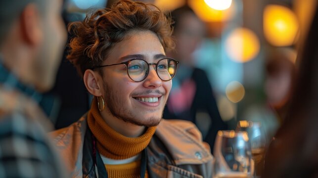 Worldwide networking event with LGBTQ+ business professionals sharing their experiences and strategies for promoting queer pride and inclusivity in global industry practices. The event emphasizes the