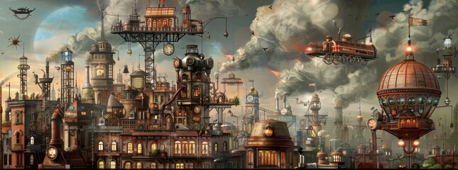 A whimsical depiction of a steampunk-inspired cityscape where maintenance robots generated by AI
