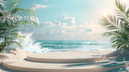 Fototapeta premium Serene tropical beach with gentle waves, lush palm trees, soft sands with round platform under a clear blue sky on a sunny day.