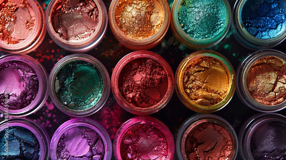 Poster an assortment of colorful makeup pigments and powders in small jars arranged artistically, showcasin