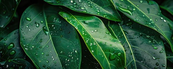 Close-up of lush green leaves with water droplets. Nature background showcasing fresh foliage and dewdrops in high resolution detail.