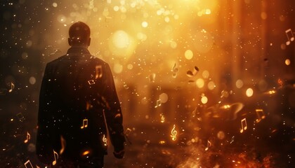 Fototapeta premium Image of a backlit composer man in a cinematic scene, immersed in music notes, with dynamic and gold lighting creating a dramatic atmosphere. 