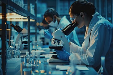 Medical researchers working with microscope
