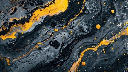 Abstract acrylic surface in black and yellow with rock fluid pattern watercolor canvas in motion artistic paint splatter marble surface in abstract form fluid wallpaper in gray and black an
