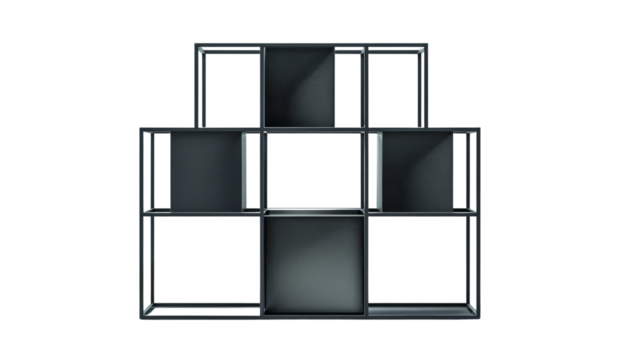 Minimalist black metal bookshelf with a geometric design. This sleek piece is perfect for modern living spaces, combining functionality with contemporary style, isolated on transparent background