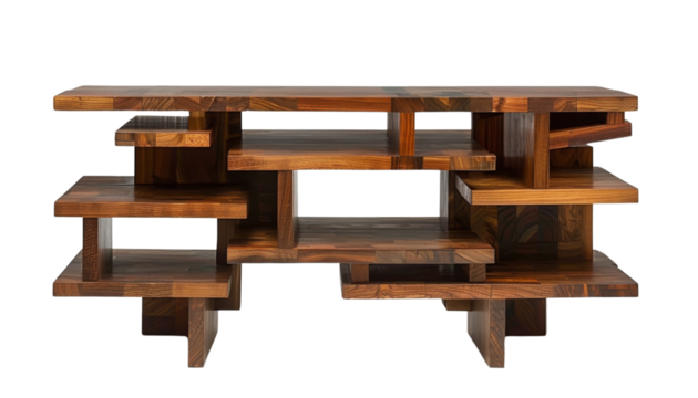 Modern wooden shelf with an abstract design and multiple levels. This artistic piece adds a unique and functional element to contemporary home decor, isolated on transparent background
