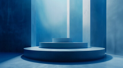 Super Realistic 4K Photo: Vibrant Color Podiums on Glossy Table with Blue Background