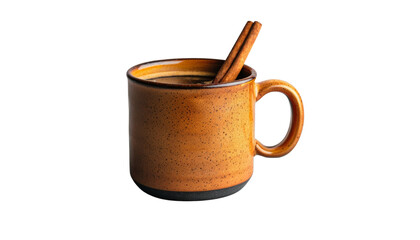 A rustic brown mug filled with hot chai tea and garnished with cinnamon sticks. The warm, earthy tones and textured ceramic create a comforting and inviting feel, isolated on transparent background