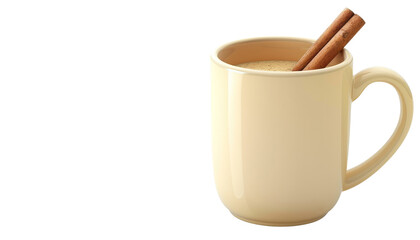 A creamy beige mug filled with frothy chai latte and topped with cinnamon sticks. The simple design and warm tones create a cozy and inviting atmosphere, isolated on transparent background