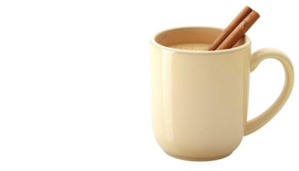 A creamy beige mug filled with frothy chai latte and topped with cinnamon sticks. The simple design and warm tones create a cozy and inviting atmosphere, isolated on transparent background