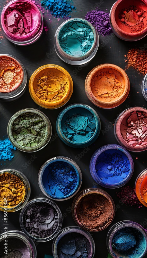 Poster A close-up view of assorted makeup pigments and powders in small jars, arranged on a black surface. Generative AI