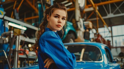 Skilled woman in blue coveralls working on automotive maintenance and repairing a car in a garage, soft industrail background.