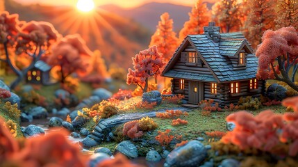 Obraz premium a diorama of fall colors in the blue ridge mountains at sunrise, Sun rays, cabin in the far distance, vibrant colors