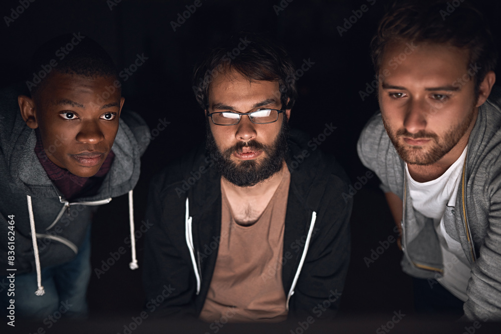 Poster Web design, men and teamwork for cyber security, app development and software project at night. Programming group, tech support and update to corporate firewall for data protection from malware