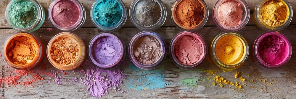 Poster a close-up shot of various colorful makeup pigments and powders in small jars, arranged artistically