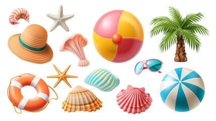 A collection of summer beach icons and accessories featuring items like starfish, seashells, and tropical elements