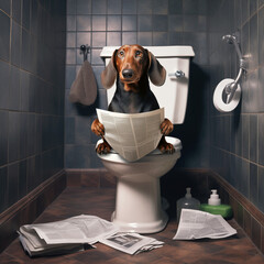 A dachshund sits on the toilet and reads a newspaper, in the toilet room, newspapers are lying on the floor