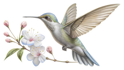 Fototapeta premium Graceful Hummingbird Hovers Near Delicate Cherry Blossoms. PNG transparent image, AI generative