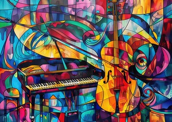  A vibrant and colorful musical instruments, including the electric guitar, violin, piano keys, drum set, saxophone. 