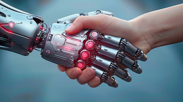 Robot hand and human hand handshake, purple simple background, modern technology Ai futuristic, hyper-realistic, 8k, HD, studio lighting, 
