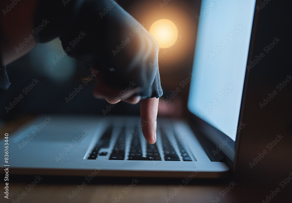 Poster hacker, finger and laptop network at night for hacking software database, password or virus update o
