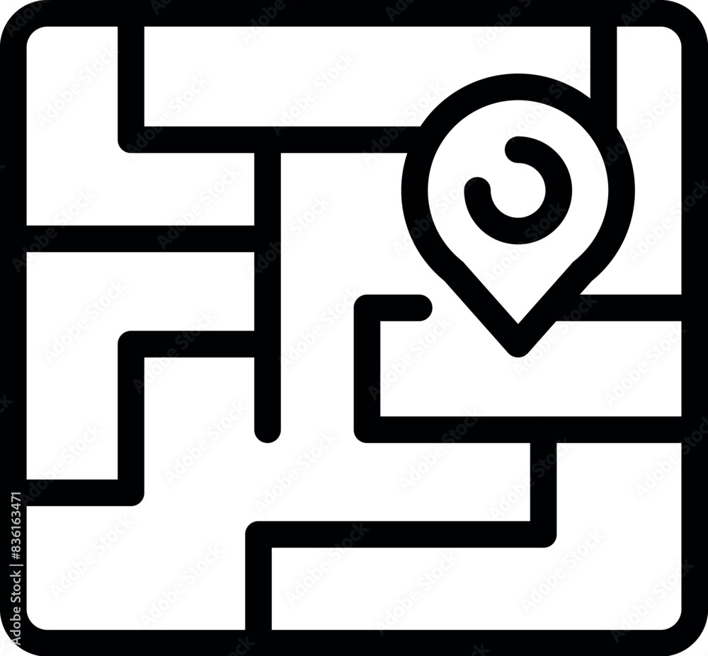 Poster black and white maze icon with a clear path indicated by a location pin symbol
