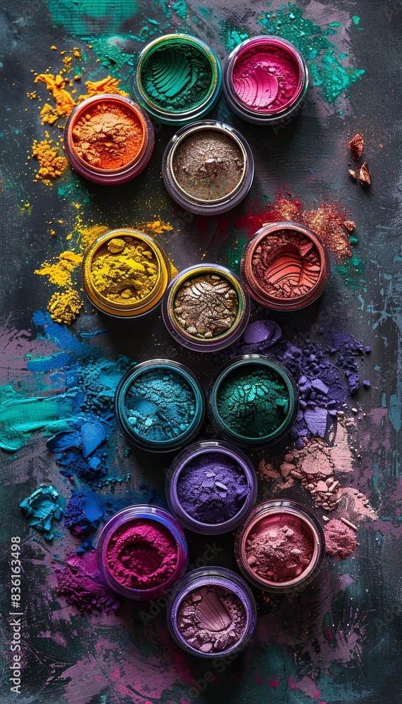Poster A collection of colorful makeup pigments and powders in small jars arranged in a creative, artistic pattern. Generative AI