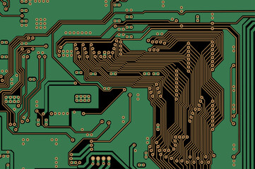 circuit board PCB in green, gold, and black colors