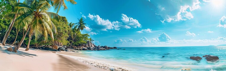 Panoramic Tropical Beach with Palm Trees and Blue Sea