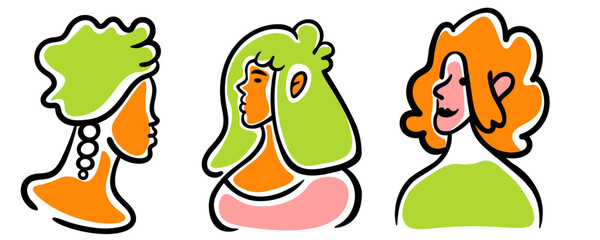 set collection female girls women character portrait in doodle style in vector. template for avatar design sticker coloring postcard poster print