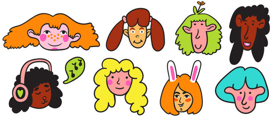 set collection female girls women character portrait in doodle style in vector. template for avatar design sticker coloring postcard poster print