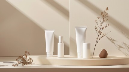 High-quality image of white cosmetic tubes displayed on a stylish podium with related beauty items, well-lit with ample space for text