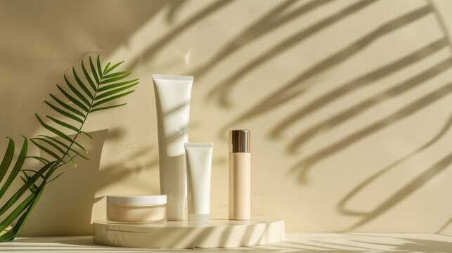 High-quality image of white cosmetic tubes displayed on a stylish podium with related beauty items, well-lit with ample space for text
