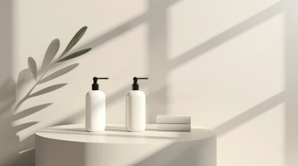 A clean and elegant mockup of white lotion bottles on a minimalist podium, well-lit with plenty of space for copy