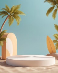 Obraz premium 3D Podium with summer concept. 3D rendering exhibition background. 3d geometric podium mockup leaf tropical netural concept for showcase yellow background Abstract minimal scene product presentation