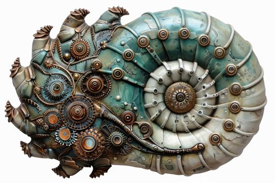 A steampunk-themed design featuring a nautilus shell integrated with intricate gears and metalwork, blending organic shapes with mechanical elements in a harmonious fusion.