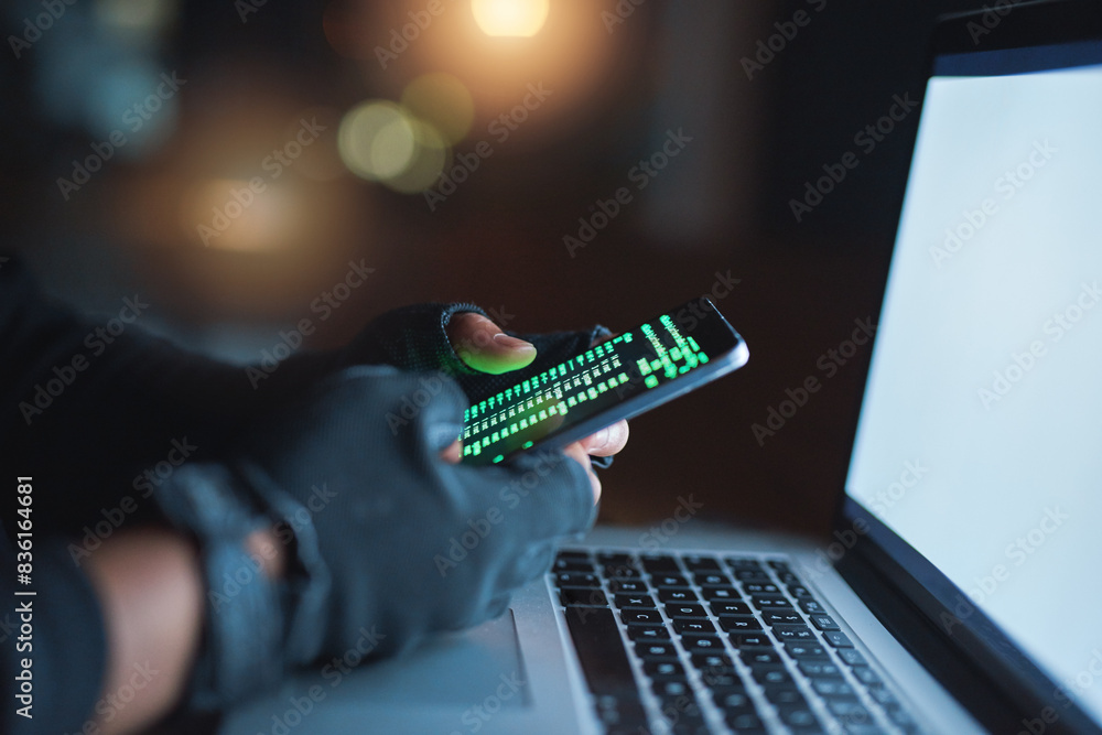 Aufkleber hands, phone and hacker on laptop at night for hacking software database, password or virus update. 