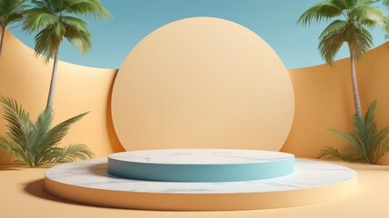 3D Podium with summer concept. 3D rendering exhibition background. 3d geometric podium mockup leaf tropical netural concept for showcase yellow background Abstract minimal scene product presentation