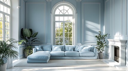 A bright and airy living room with white and light blue walls, featuring a light blue sectional sofa and a white fireplace.