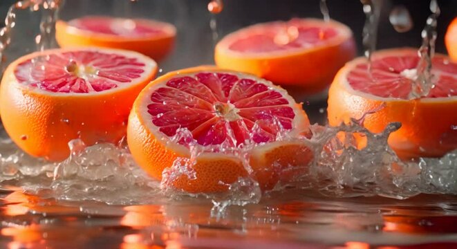 Realistic grapefruit slices suspended midair, surrounded by dynamic splashes of water that create an enchanting and refreshing scene.