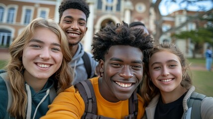 Fototapeta premium Joyful multiracial friends capture moment with smartphone at university campus, smiling for selfie. 