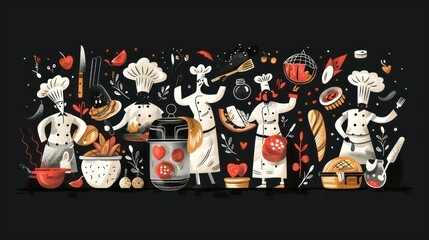 Background illustration of chef cooking in a restaurant with kitchen equipment elements.